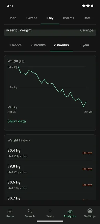 Body metrics: a six-month weight chart and the weight history below it.
