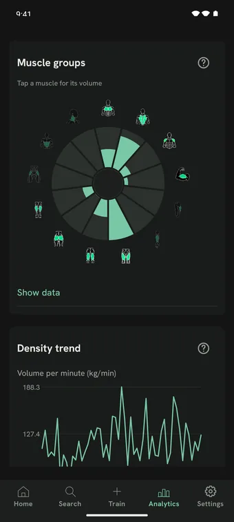 Analytics, Muscle groups: a chart of training volume for each muscle, with a density trend below.