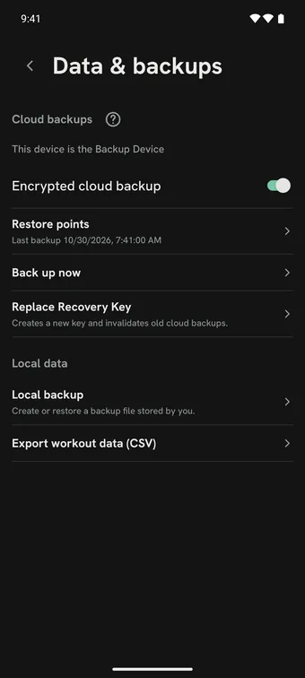Data & backups: encrypted cloud backup turned on, restore points with the last backup time, Back up now, Replace Recovery Key, and local backup and export.