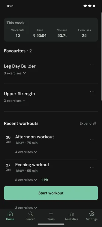 The Privalift Home screen: this week's workouts, time, and volume, favorite routines, recent workouts, and a Start workout button.