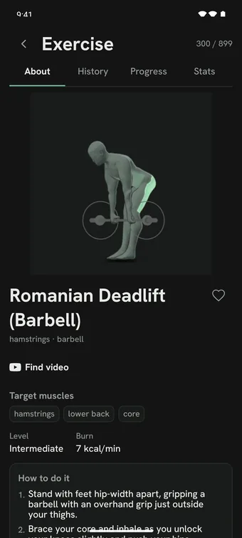 Exercise detail for Romanian Deadlift (Barbell): the looping 3D Demo with the hamstrings highlighted, target muscles, level, and how to do it.