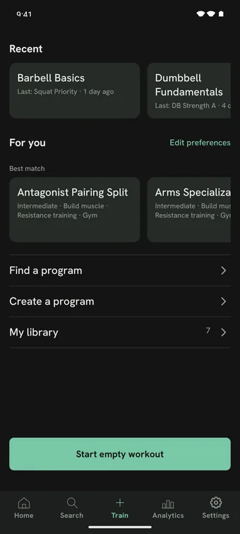 The Train tab: recent Programs, Programs picked for you, and links to find a program, create a program, and open your library.